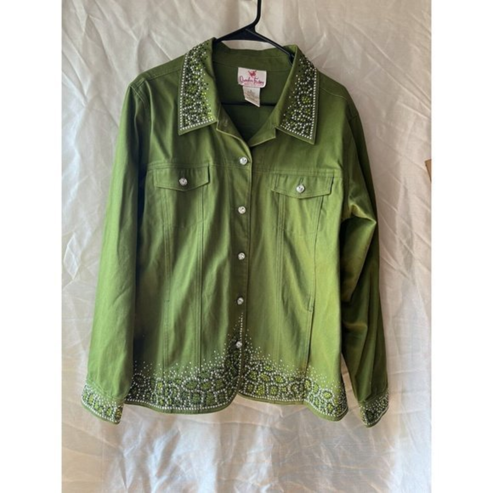 Quacker Factory Women’s Olive Green Jacket Embellished Rhinestone L Camouflage